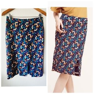 Maeve Geometric Print Pencil Skirt in Blue, Teal, Purple, and Tan